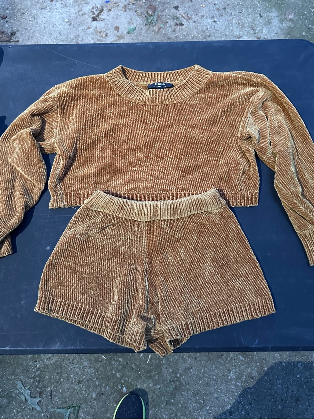 Hera Collection Chenille Cropped Sweater & Shorts Set - Golden Brown